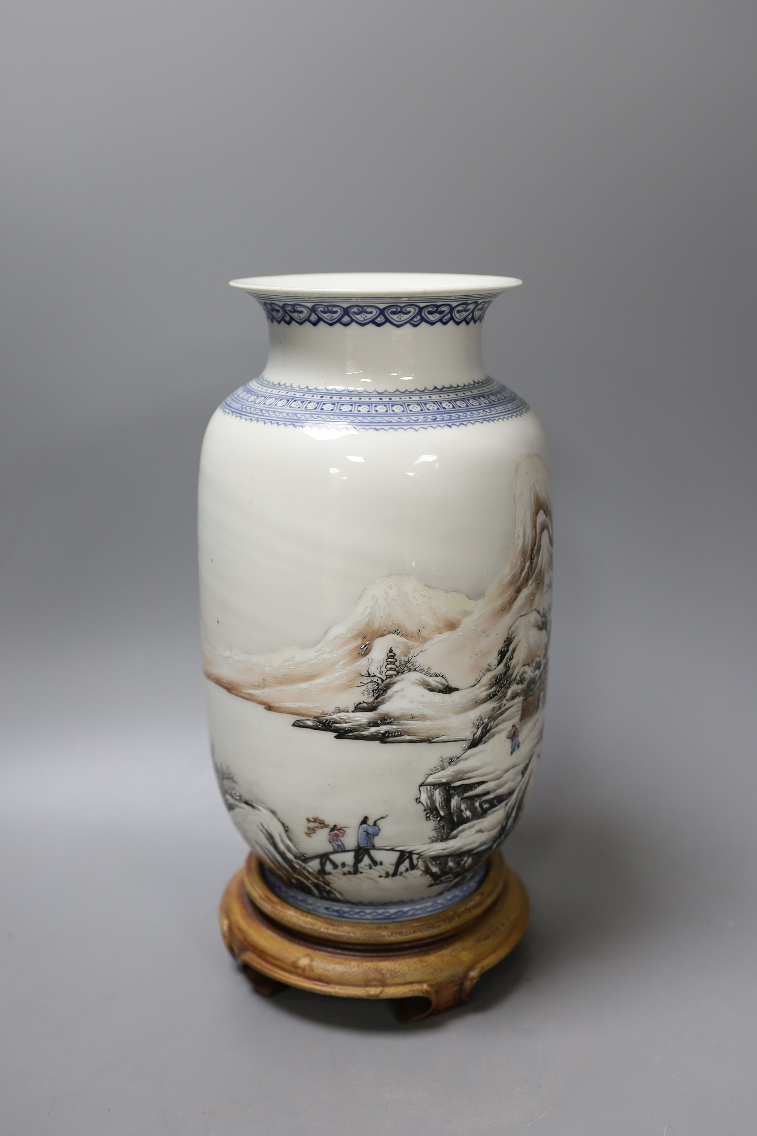 A mid 20th century Chinese enamelled porcelain winter landscape vase - 26cm tall including stand